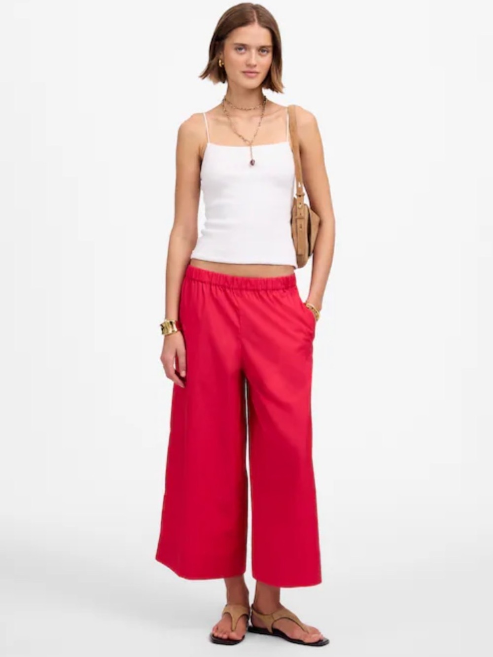 New Madewell Pull On Wide Leg Crop Culottes Pants XXL 2X Cotton Poplin Red Pink